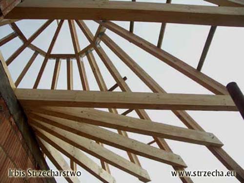 Strzecha, dach z trzciny: konstrukcja drewniana dachu na półokrągłym budynku 