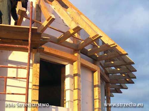 Strzecha, dach z trzciny: konstrukcja drewniana okapu dachu na półokrągłym budynku i konstrukcja drewniana elewacji osłonowej oraz ocieplenie elewacji